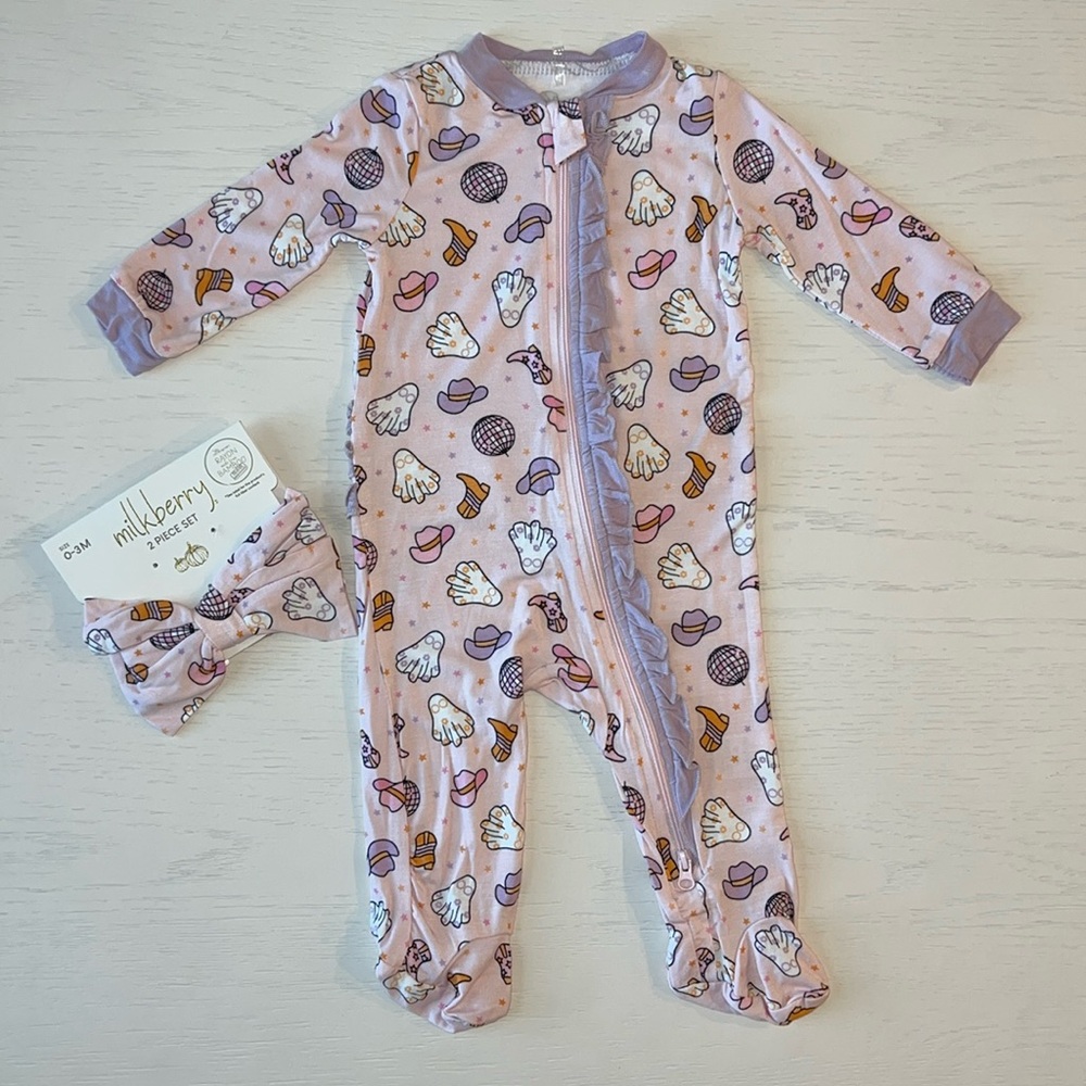 🎃 Milkberry Baby Girl Bamboo Ruffle Footie Headband Cowgirl 0-3 3-6 6-9 months